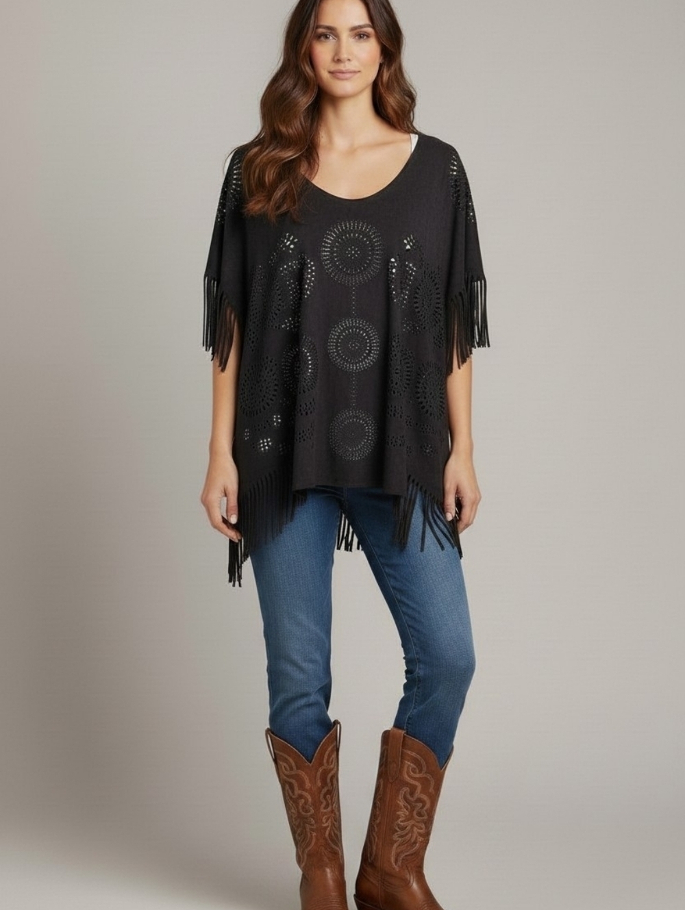 Step in Style Boho Faux Suede Poncho Laser Cut Mandala Pattern Fringed Black